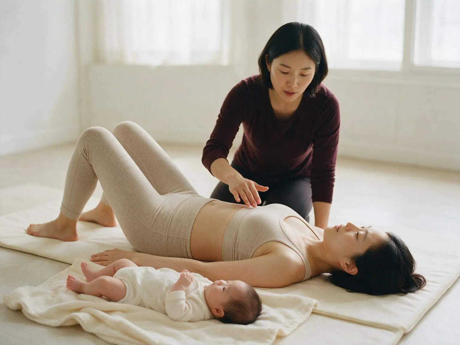 산후 회복 프로그램 — 전문가가 옆에서 움직임을 지도하는 장면
